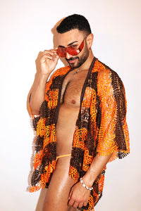 Citrus Season Lace Fringe Kaftan Lounge Robe - Brown