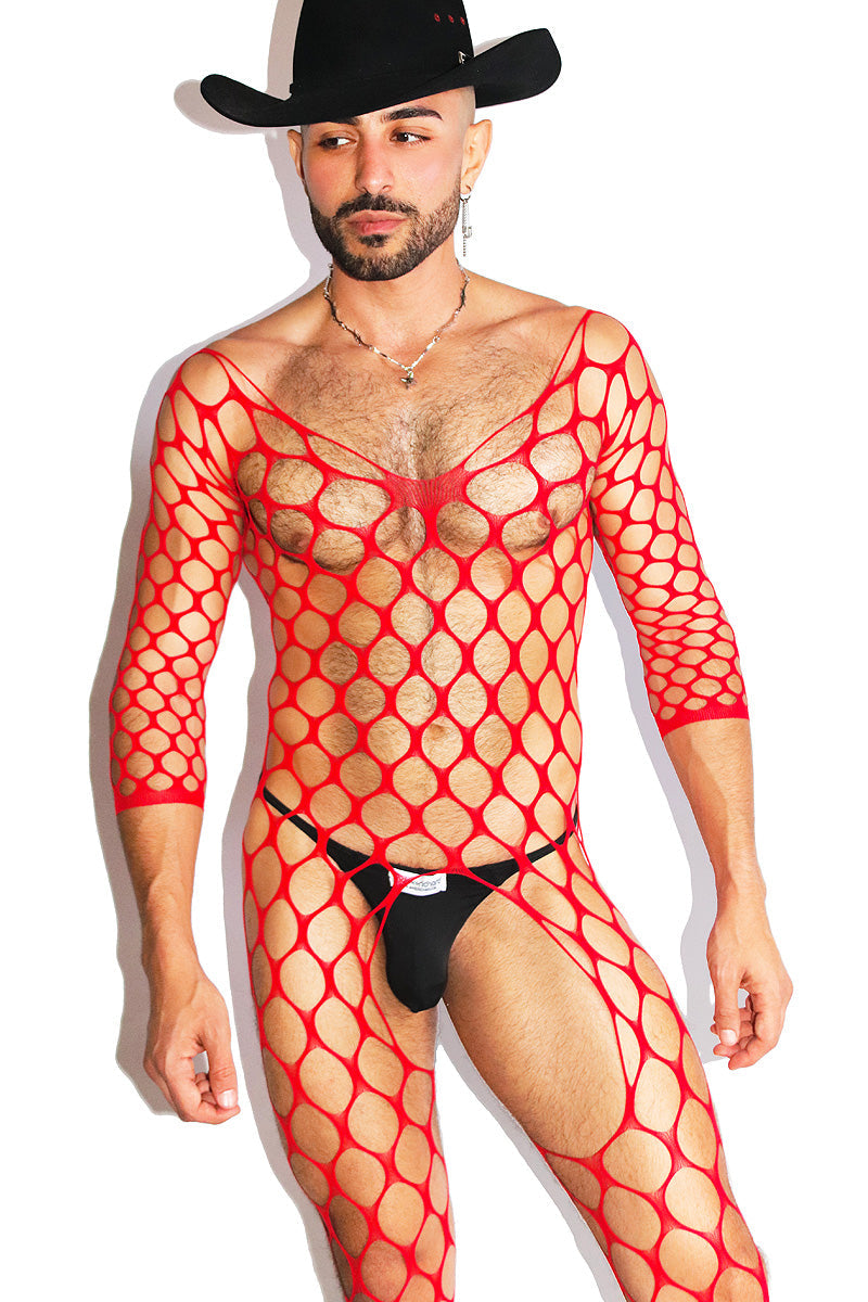Very Wide Open Fishnet Tights- Red