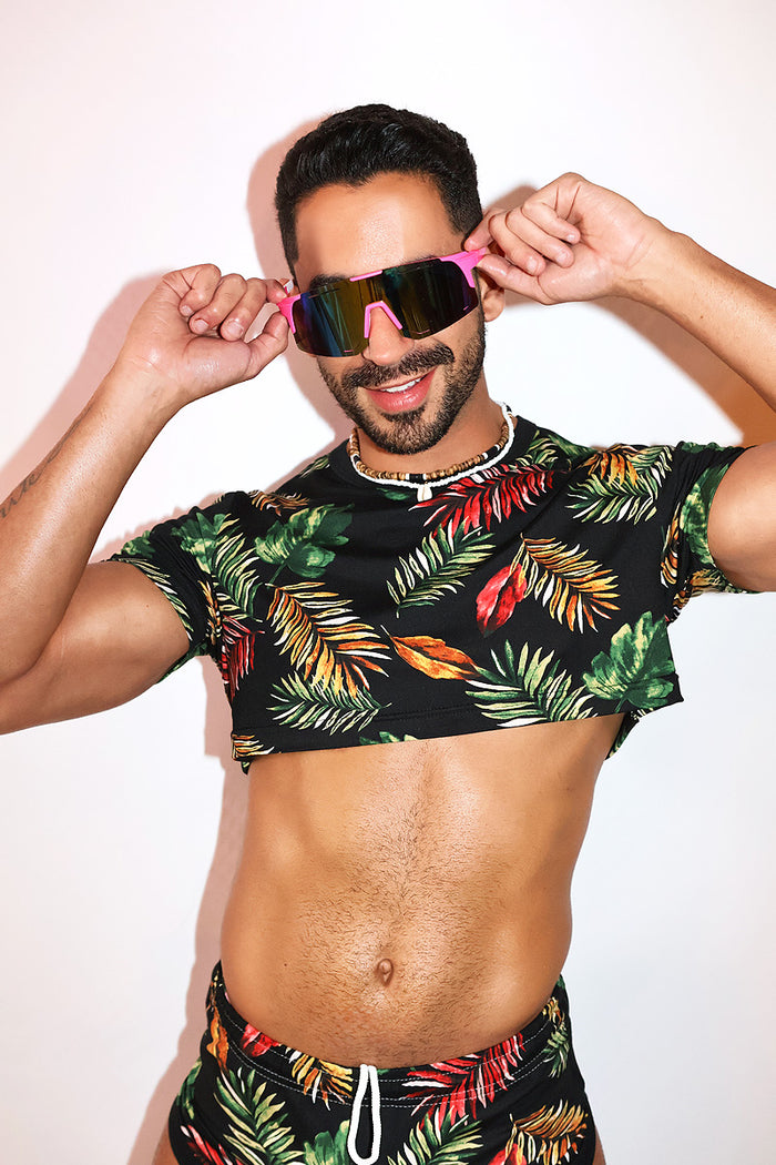 Palm Beach Print Extreme Crop Tee - Black