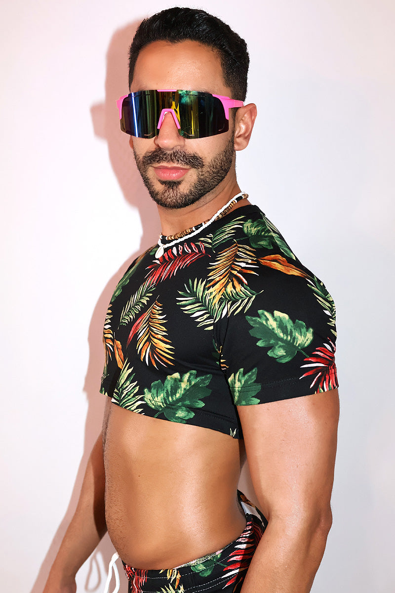 Palm Beach Print Extreme Crop Tee - Black