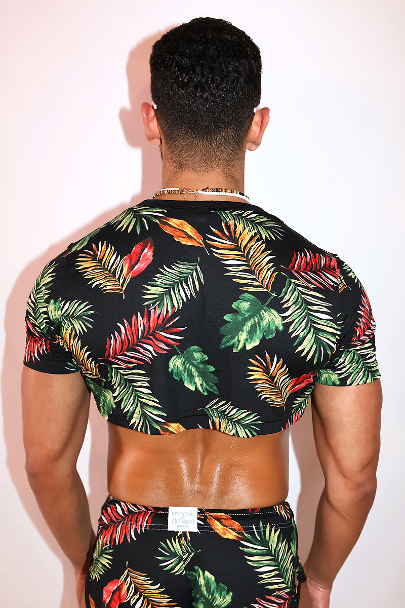 Palm Beach Print Extreme Crop Tee - Black
