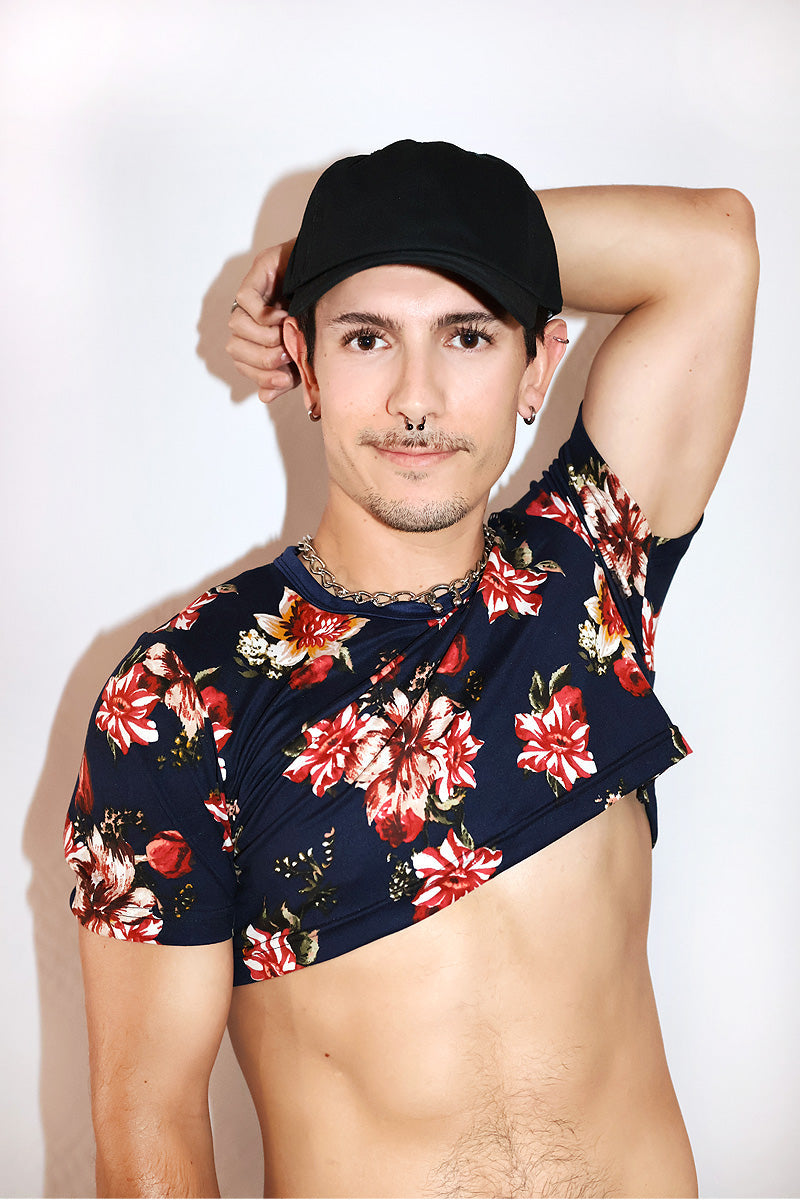 Floral Garden Extreme Crop Tee-Navy
