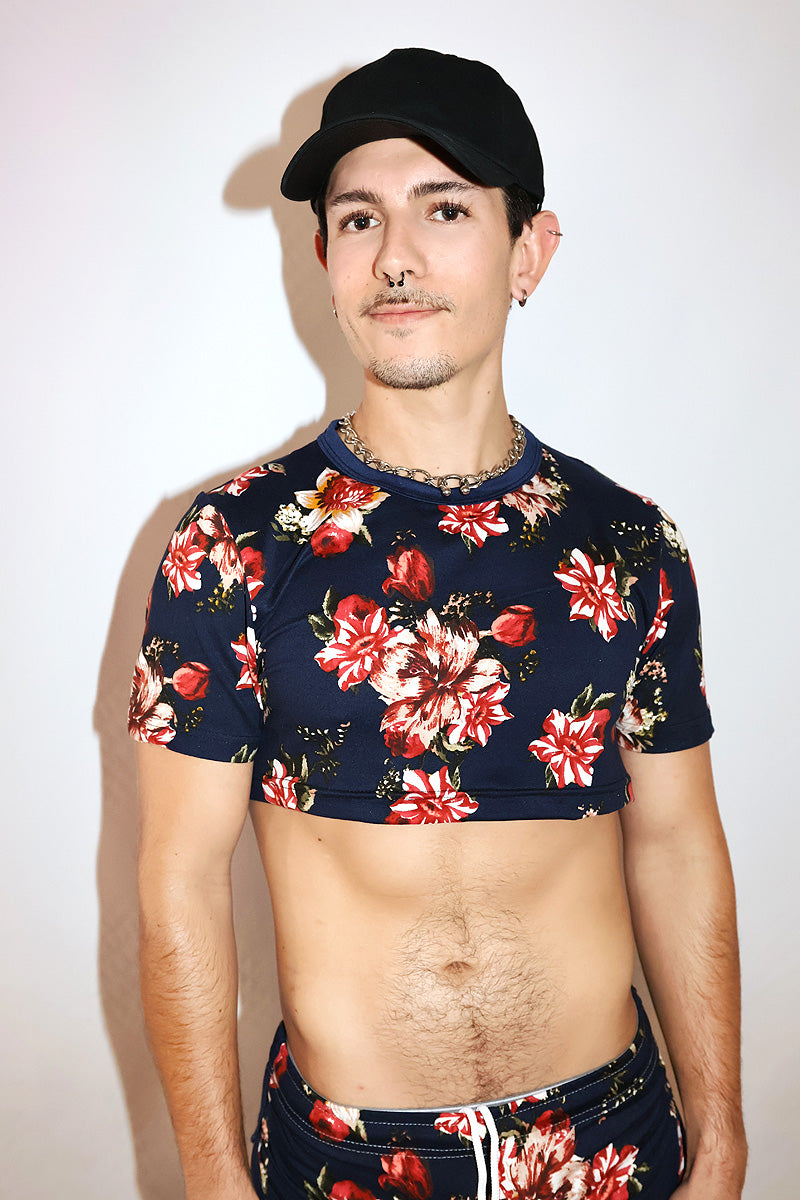 Floral Garden Extreme Crop Tee-Navy