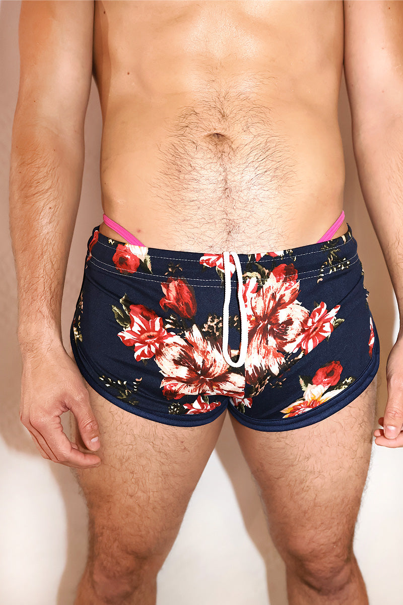 Floral Garden Shorty Running Shorts- Navy