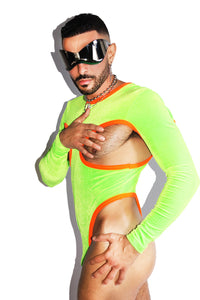 Velvet Cutout Long Sleeve Thong Bodysuit- Neon Green
