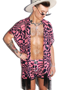 Warped Optical Mesh Fringe Kaftan Lounge Robe- Pink