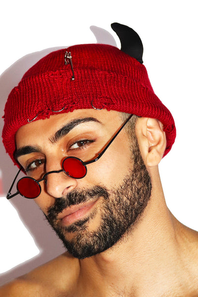 PiercedRedHornBeanie-