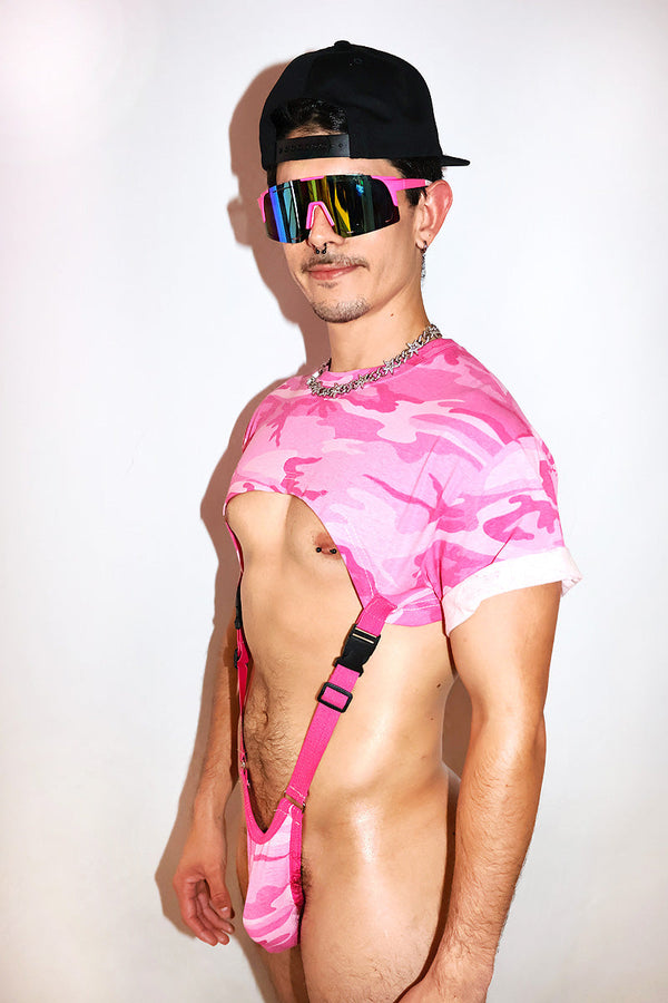 Pink Camo Tee Harness Strap Thong Bodysuit in Pink, view 2