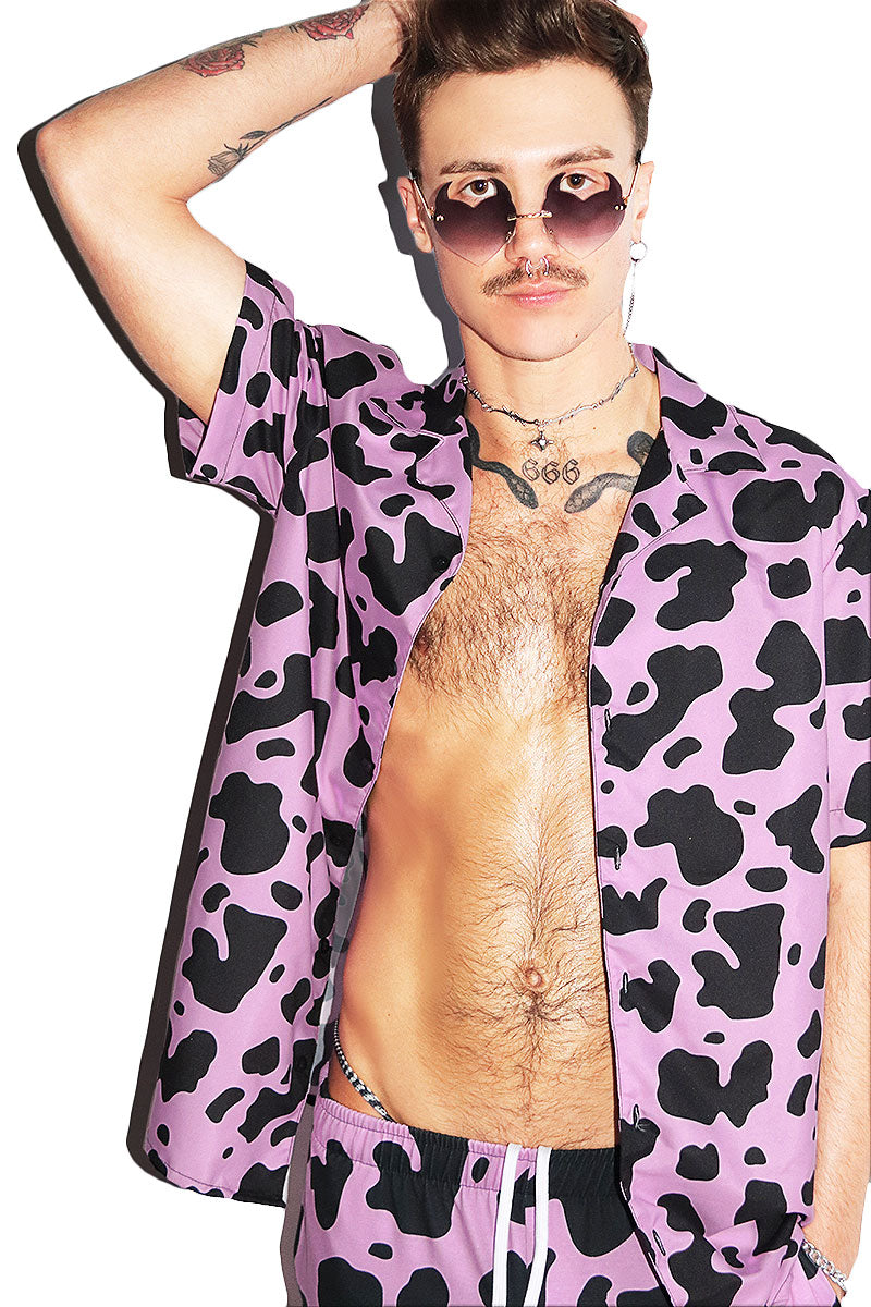 Cow All Over Print Relax Button Shirt- Pink