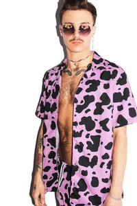 Cow All Over Print Relax Button Shirt- Pink