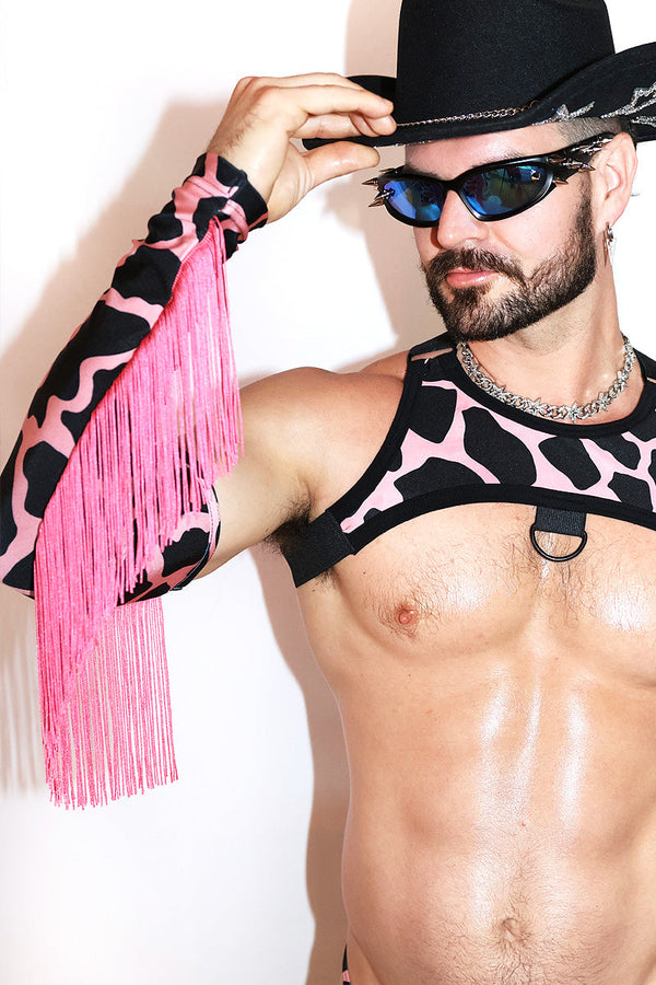 Pink Cow Print Fringe Gauntlet Gloves- Pink