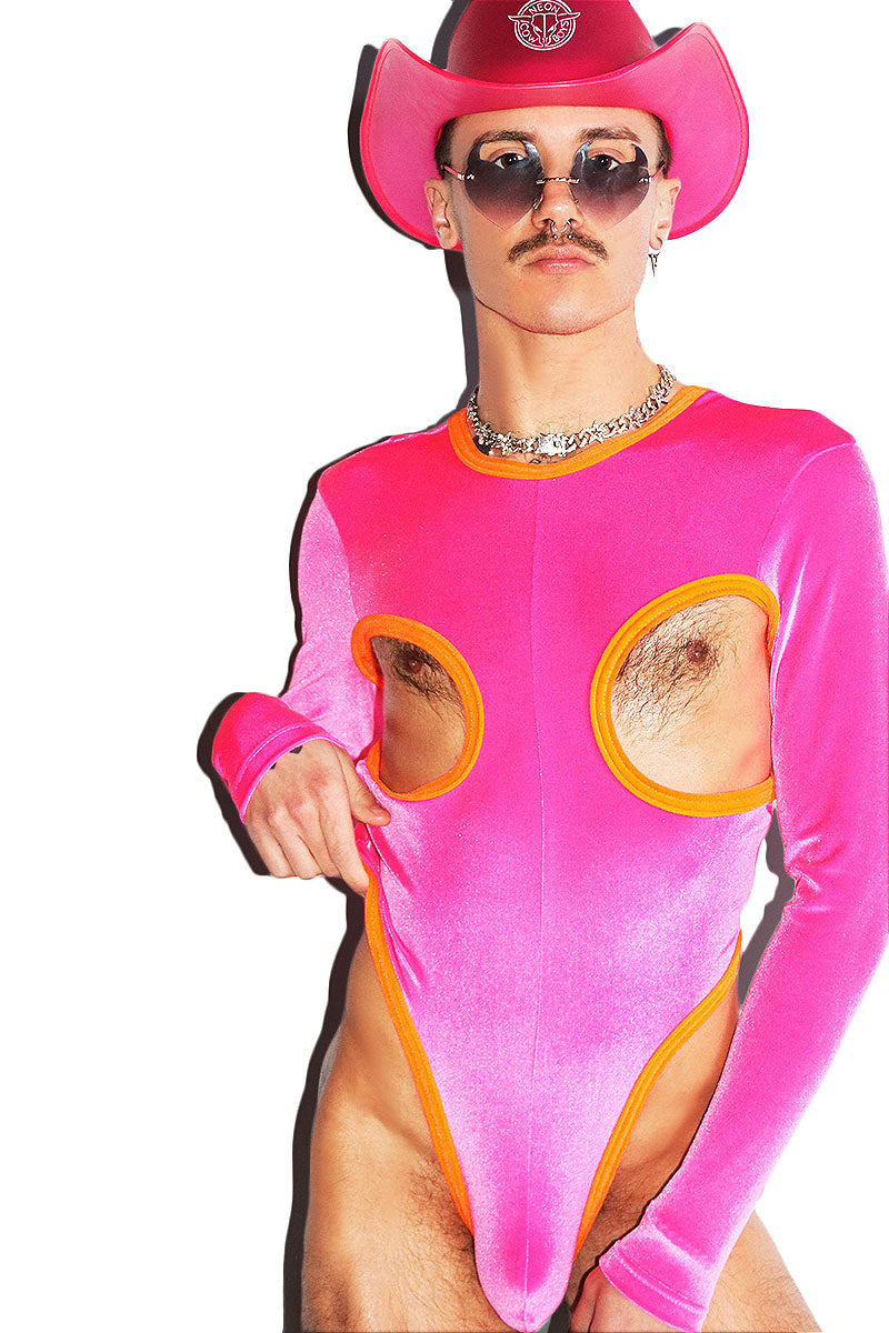 Velvet Cutout Long Sleeve Thong Bodysuit- Neon Pink