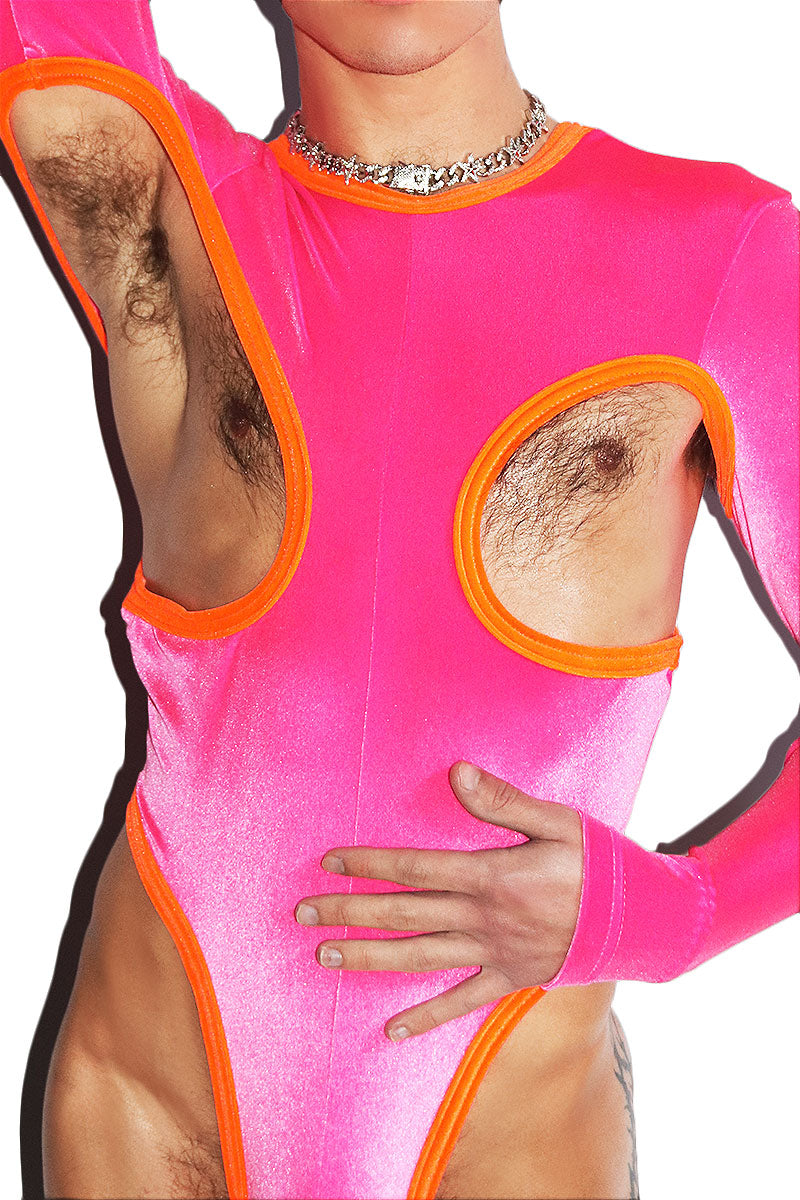 Velvet Cutout Long Sleeve Thong Bodysuit- Neon Pink