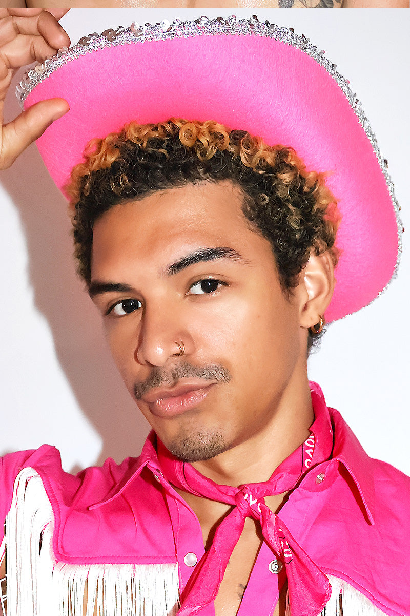 Small Rhinestone Fringe Cowboy Hat in Pink