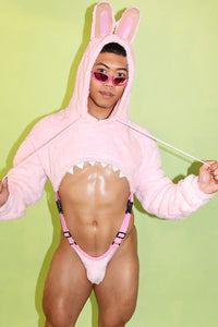 Laboyboy Furry Monster Hoodie Strap Thong Bodysuit- Strawberry