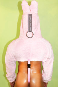 Laboyboy Furry Monster Hoodie Strap Thong Bodysuit- Strawberry