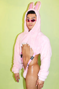 Laboyboy Furry Monster Hoodie Strap Thong Bodysuit- Strawberry
