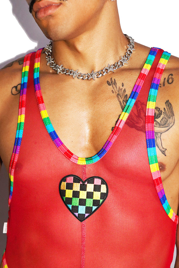 Racing Rainbow Mesh Thong Bodysuit- Red