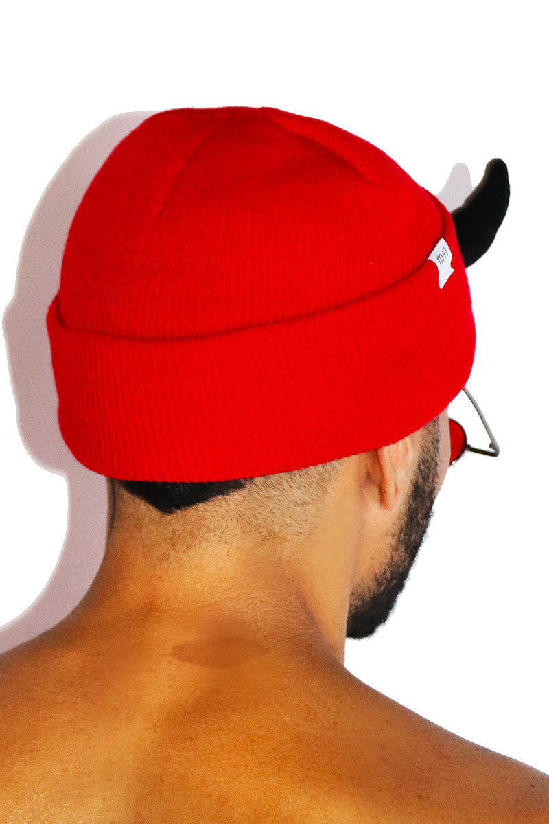 Satanic Frontal Horns Skull Cap Beanie- Red