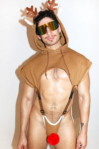 Red Nose Reindeer Sleeveless Hoodie Strap Thong Bodysuit- Brown