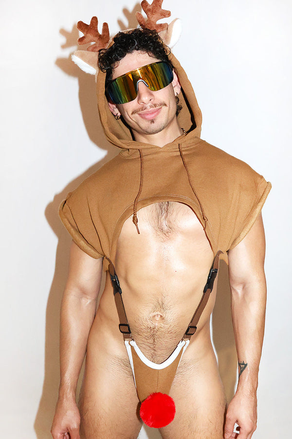 Red Nose Reindeer Sleeveless Hoodie Strap Thong Bodysuit- Brown