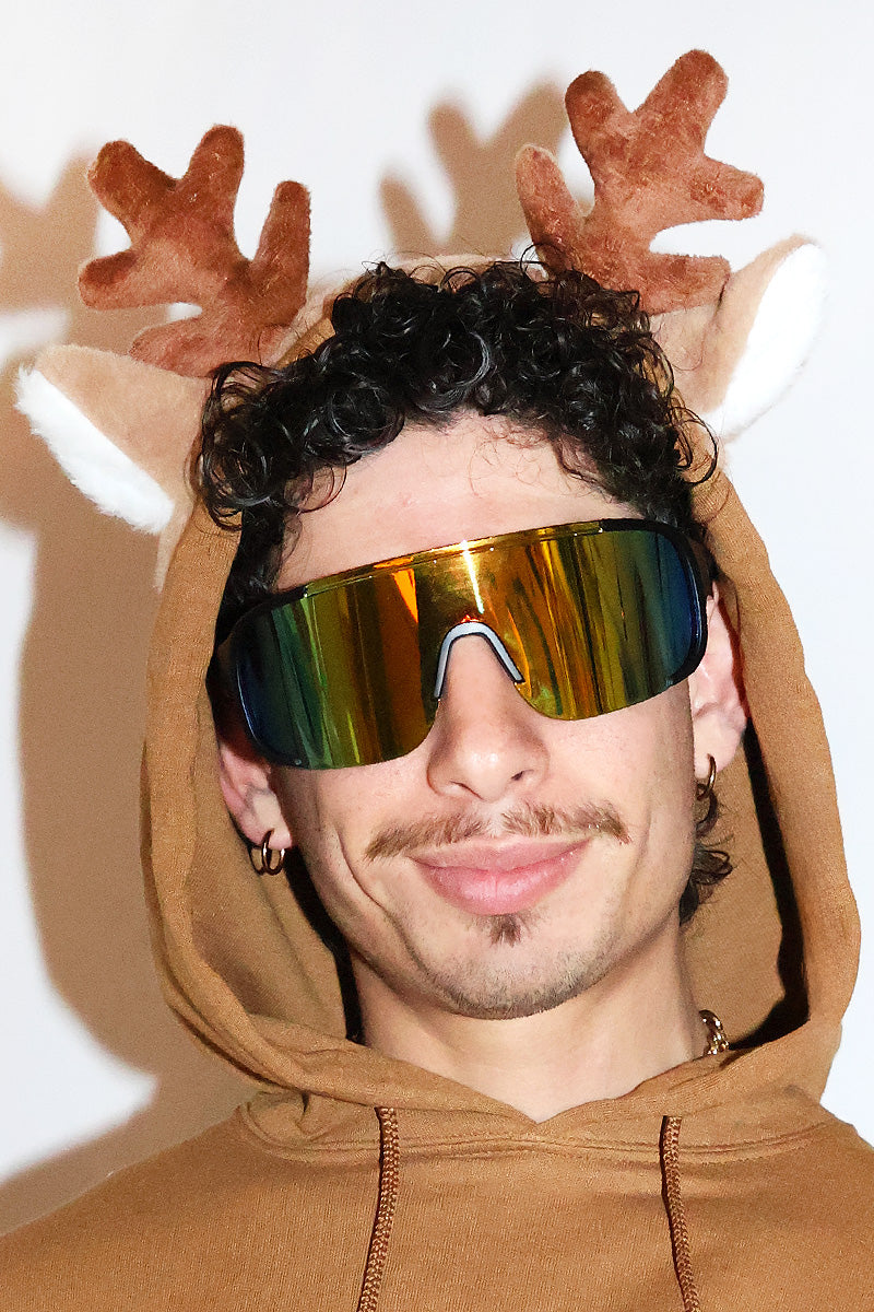 Red Nose Reindeer Sleeveless Hoodie Strap Thong Bodysuit- Brown