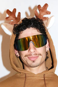 Red Nose Reindeer Sleeveless Hoodie Strap Thong Bodysuit- Brown