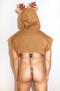 Red Nose Reindeer Sleeveless Hoodie Strap Thong Bodysuit- Brown