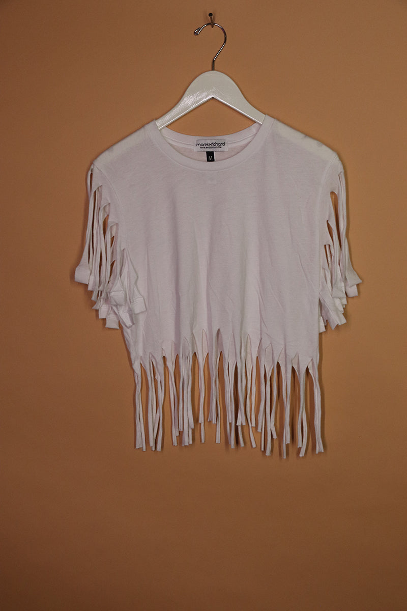 Sample#01063- Fringe White Crop Tee