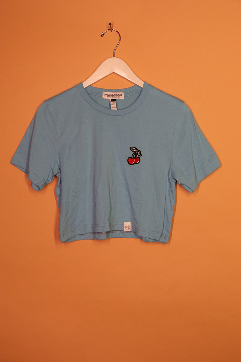 Sample#01142- Cherries Blue Crop Tee-S