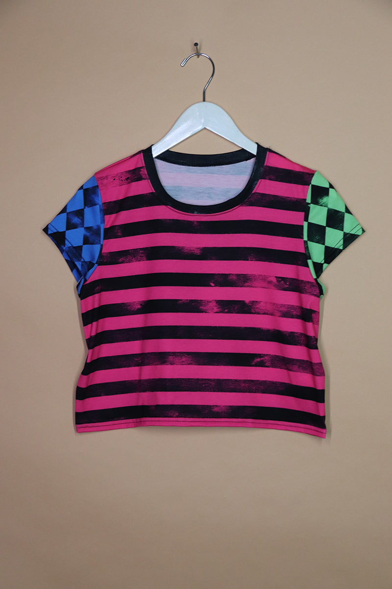 Sample#01403- Multi Pink Blue Gree Color Stripe Fitted Crop Tee-M