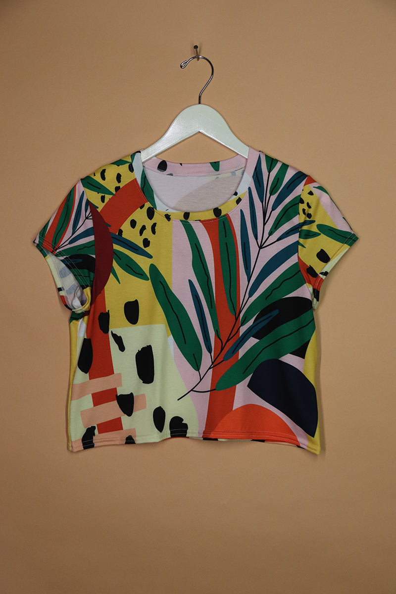 Sample#01408- Pink Tropical Fitted Crop Tee-M