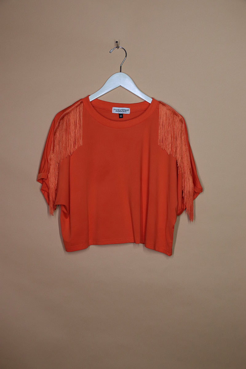Sample#01428- Fringe Shoulder Oversize Orange Crop Tee-M
