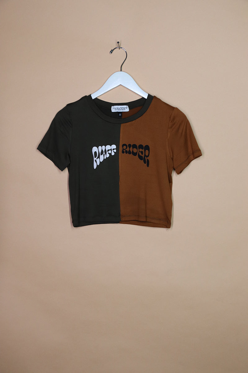 Sample#01430- Ruff Rider Split Army Tan Fitted Crop Tee-M