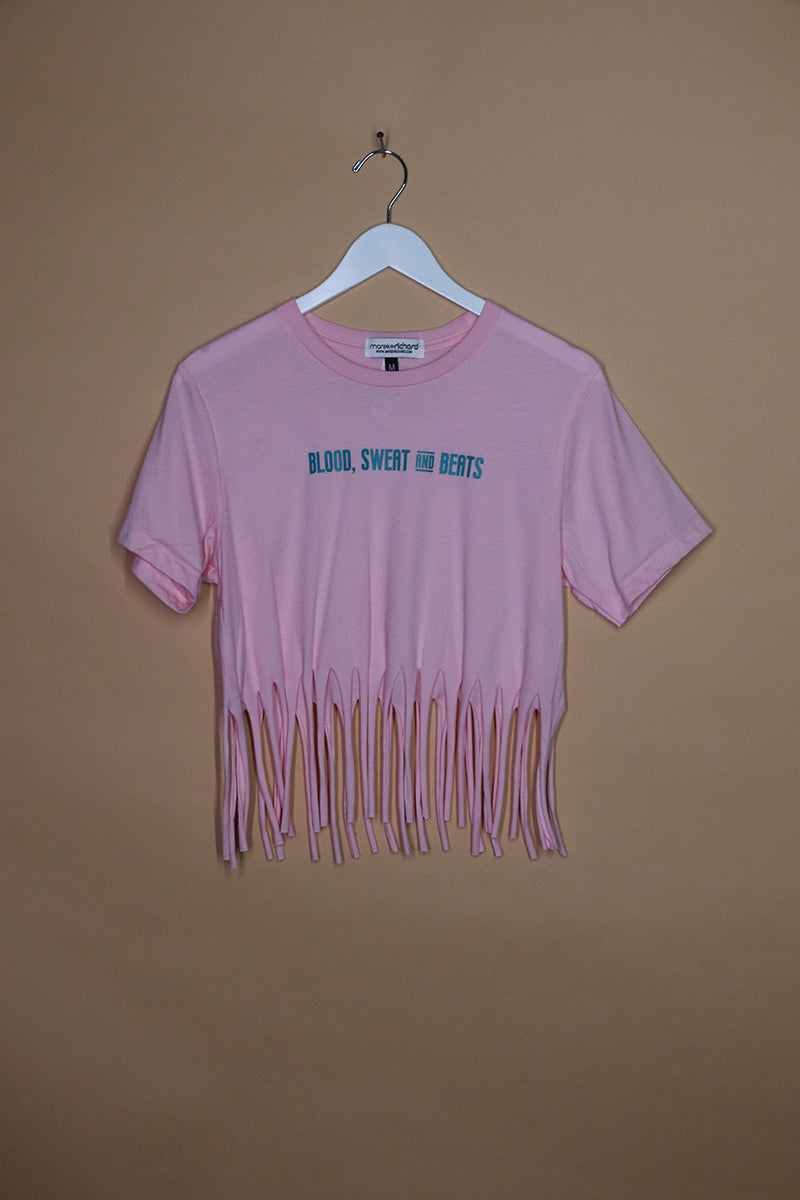 Sample#01436- Blood Sweat and Beat Pink Fringe Crop Tee-m