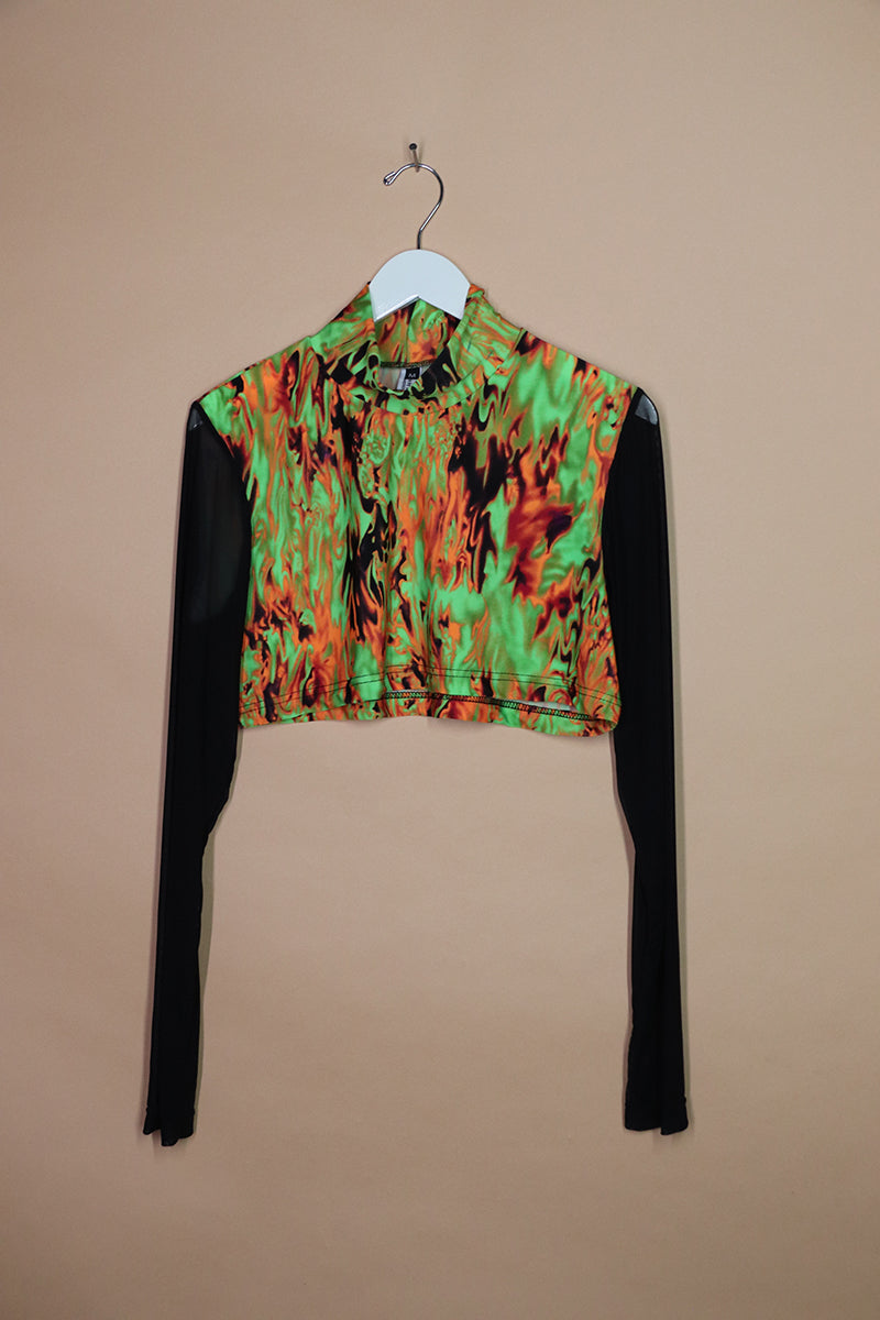 Sample#01457- Acid Trip Print Green Turtleneck Extreme Crop Tee-M