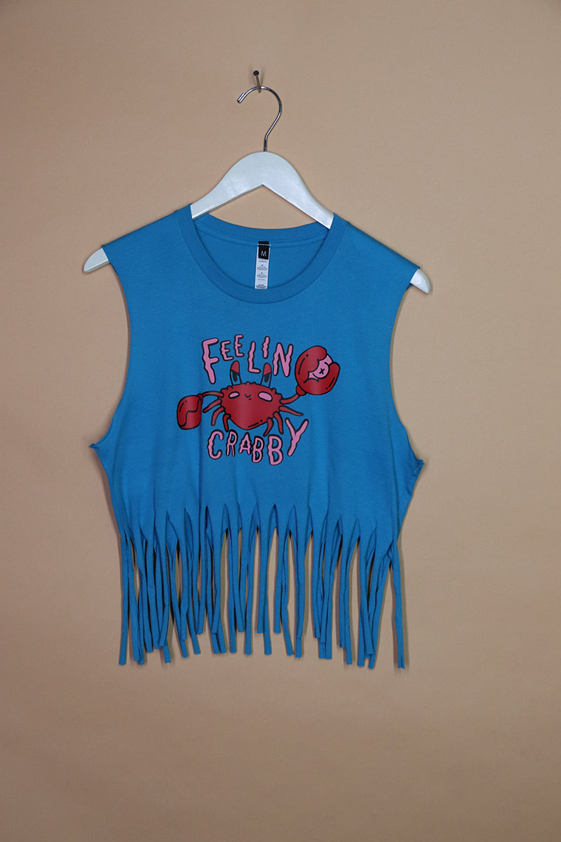 Sample#01494- Feeling Crabby Fringe Blue Crop Tank-M