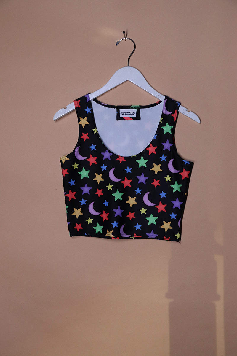 Sample#01533- Stars And Moons All Over Fitted Crop Racerback Tank-M