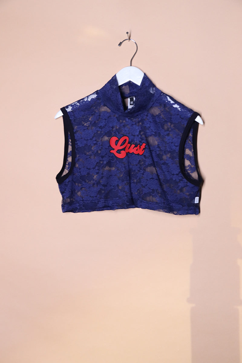 Sample#01542- Lust Lace Navy Turtleneck Extreme Crop Tank-M
