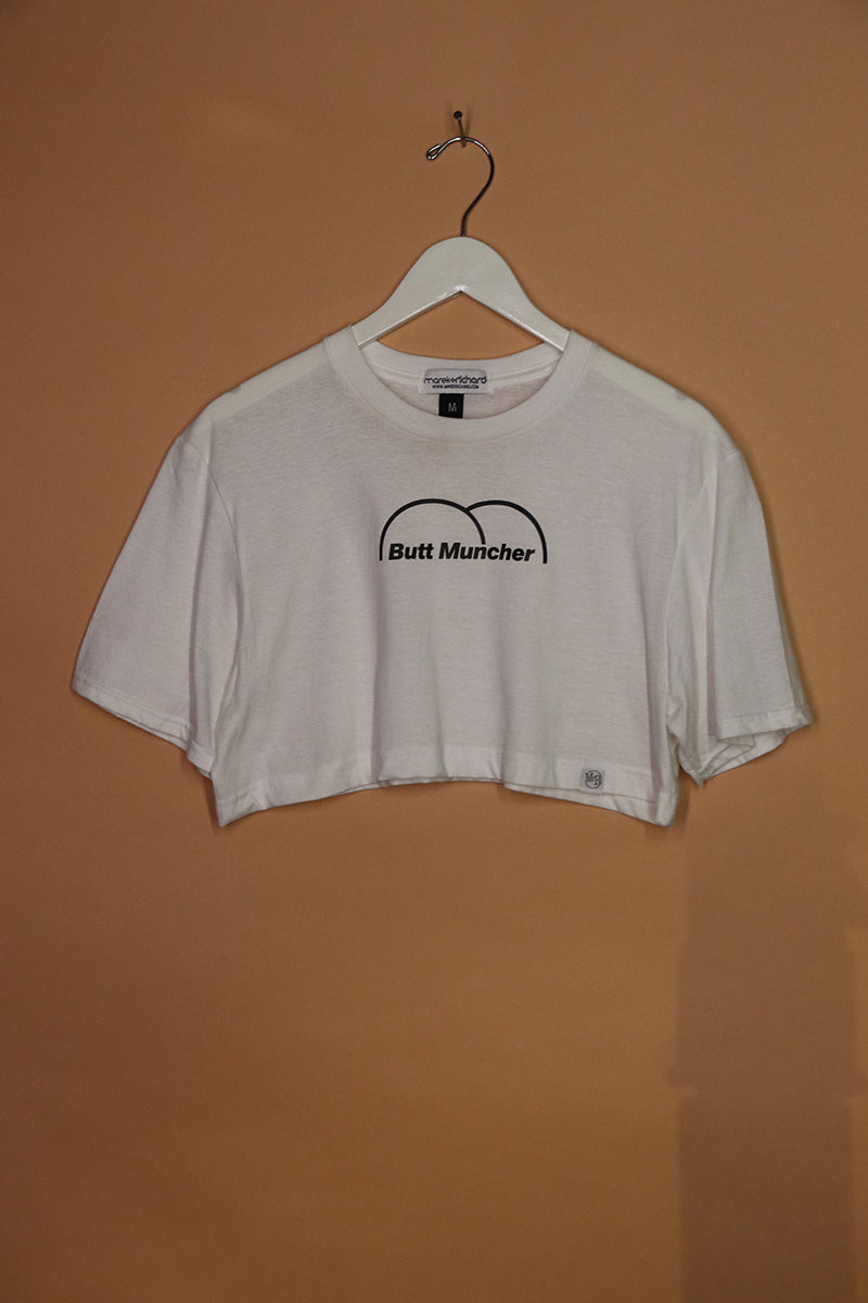 Sample#01562- Butt Muncher White Extreme Crop Tee-M