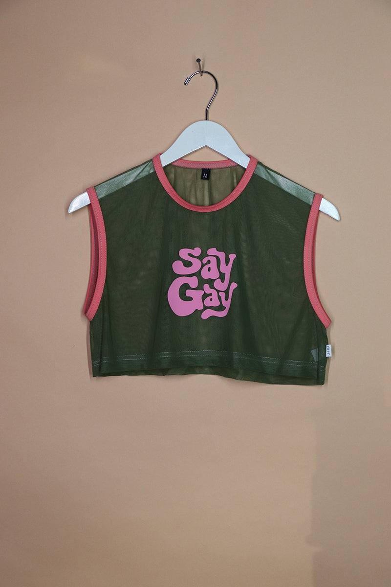 Sample#01564- Say Gay Mesh Army Extreme Crop Tank-M