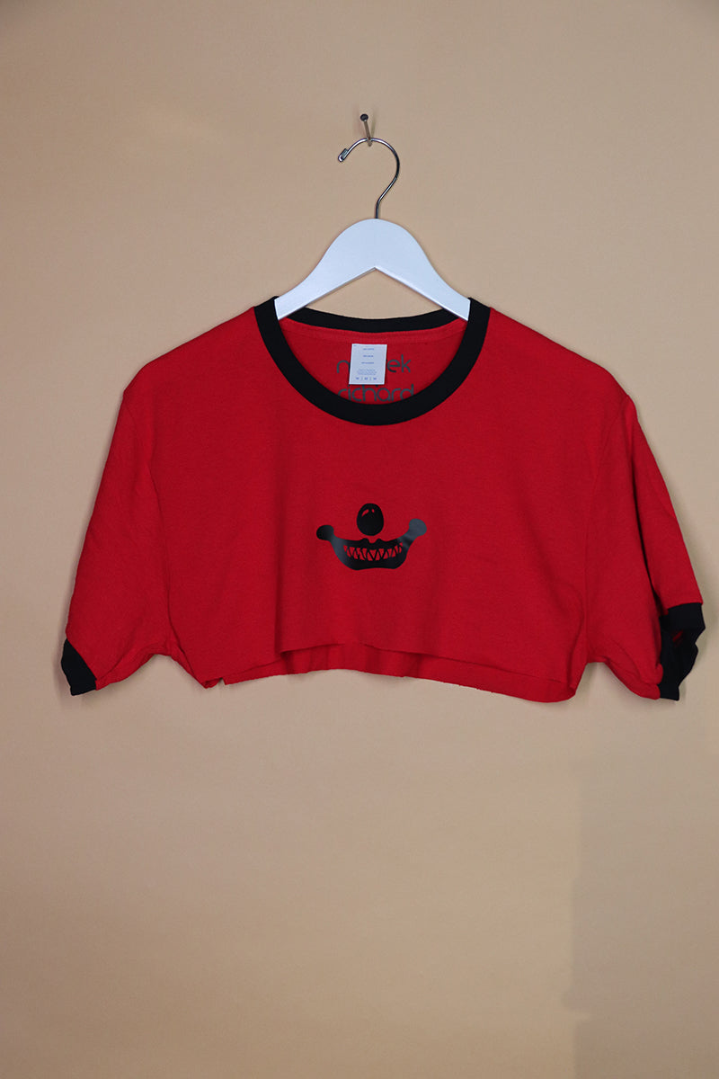 Sample#01565- Smiley Clown Face Red Ringer Extreme Crop Tee-M