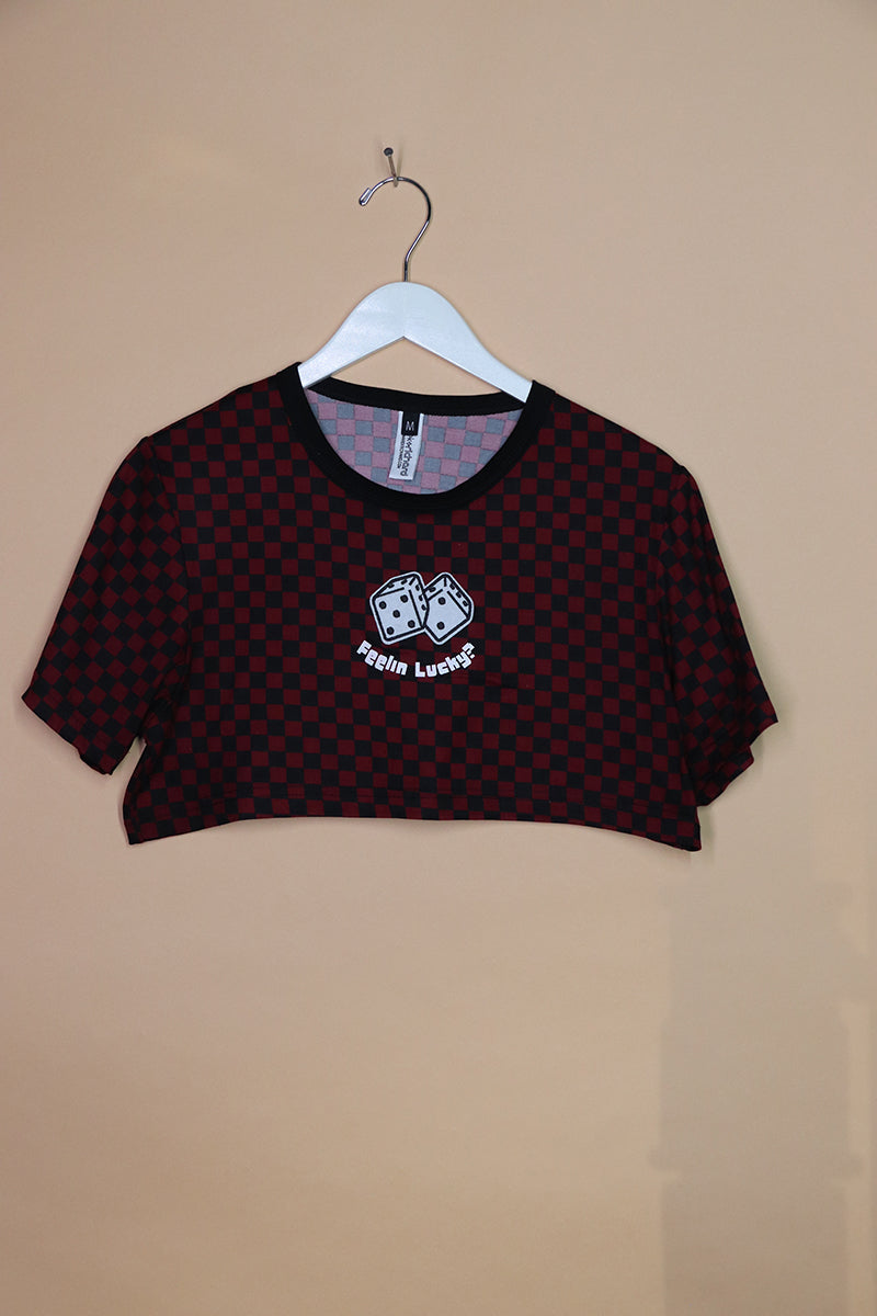 Sample#01593- Feeling Lucky Checkers Maroon Extreme Crop Tee-M