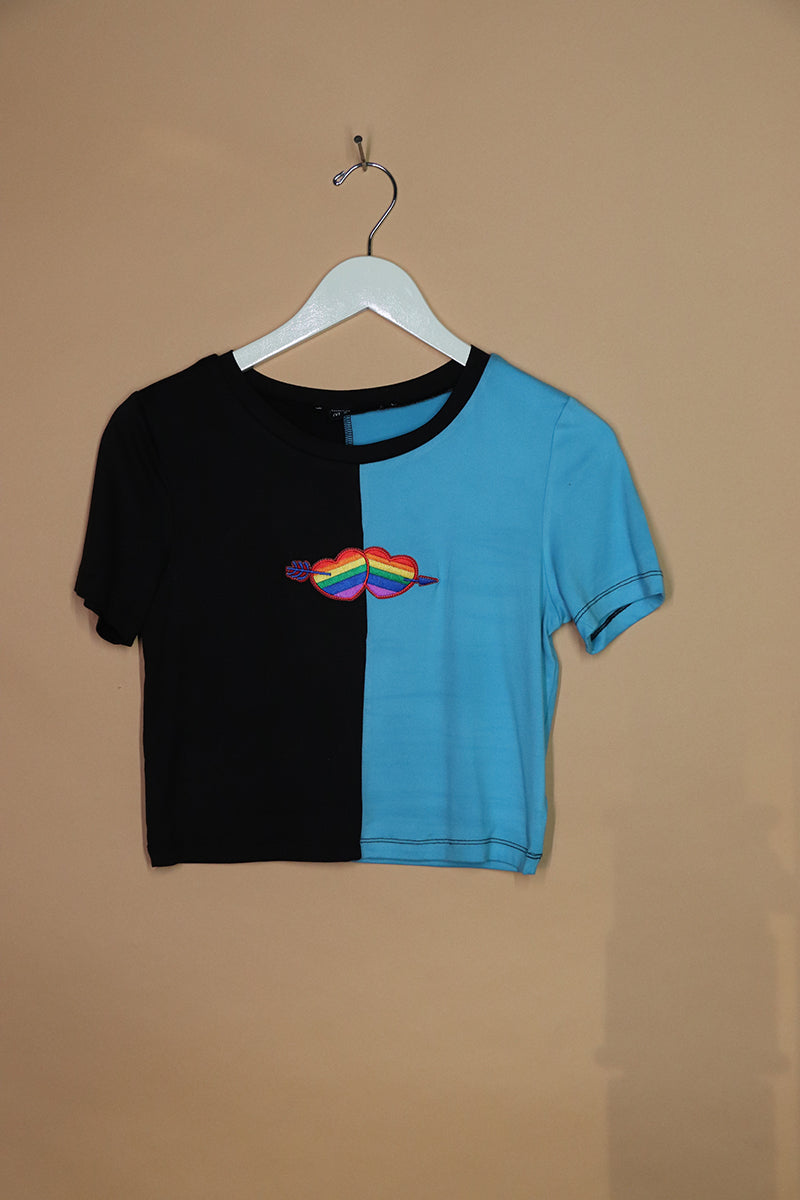 Sample#01597- Rainbow Cupid Hearts Split Fitted Crop Tee-M