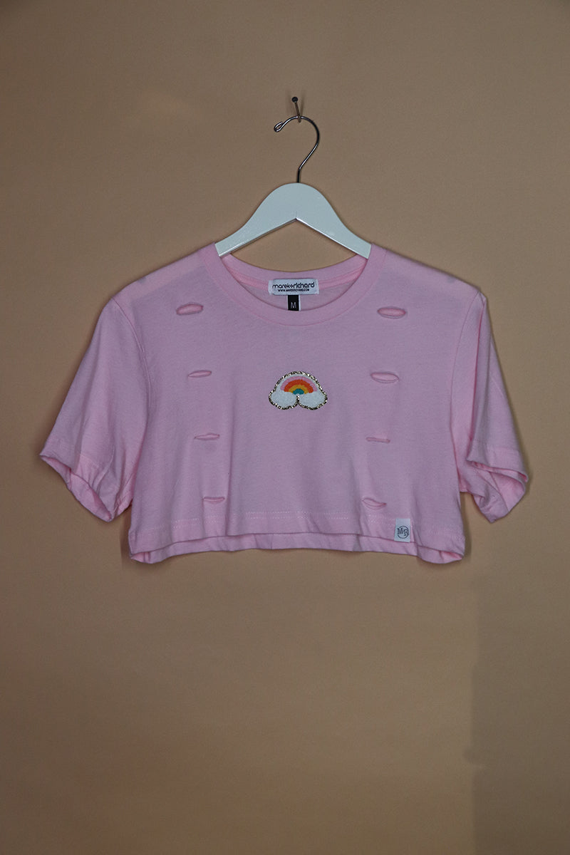 Sample#01598- Rainbow Patch Pink Extreme Crop Tee-M