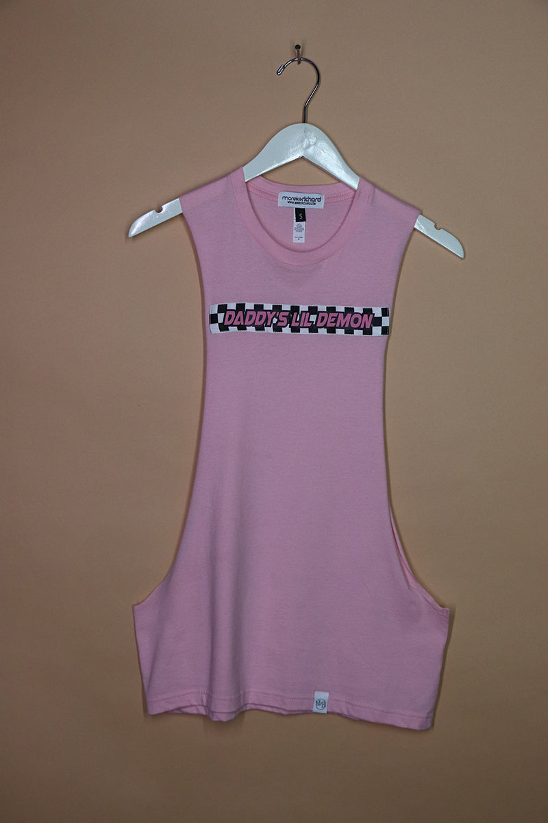 Sample#01638- Daddy's Lil Demon Pink Low Arm Tank-S