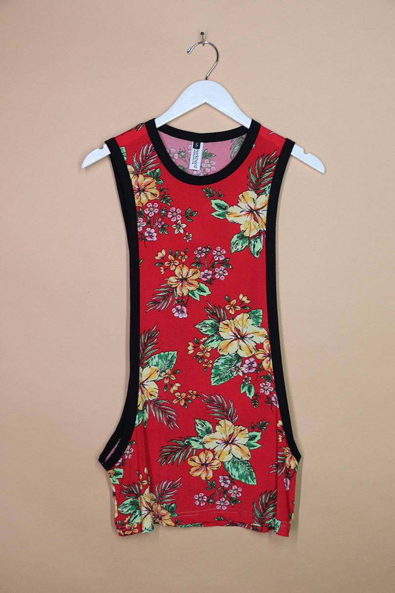 Sample#01644- Red Hawaii Florals Low Arm Tank-S