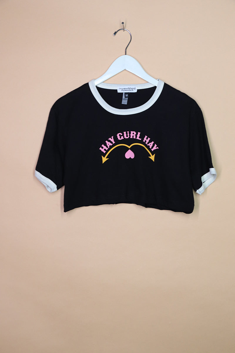 Sample#01700- Hay Girl Hay Black Ringer Extreme Crop Tee-M