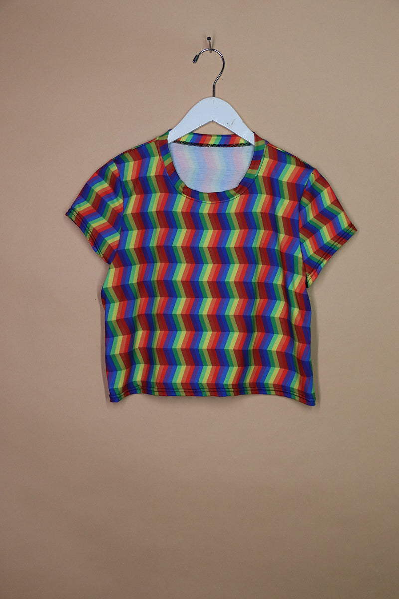 Sample#01704- Rainbow Zig Zag Fitted Crop Tee-M