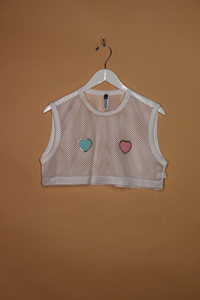 Sample#01729- Heart Pasties White Mesh Extreme Crop Tank-M